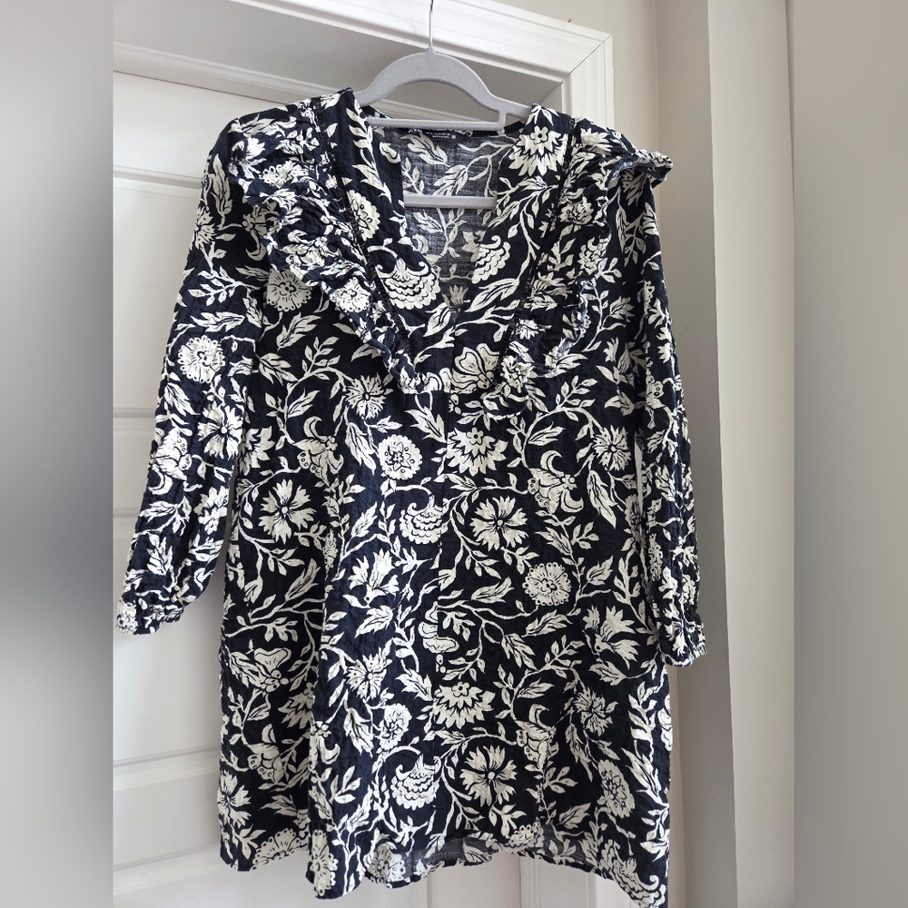 Zara Floral Black and White Tunic With Ruffle‎ Detail